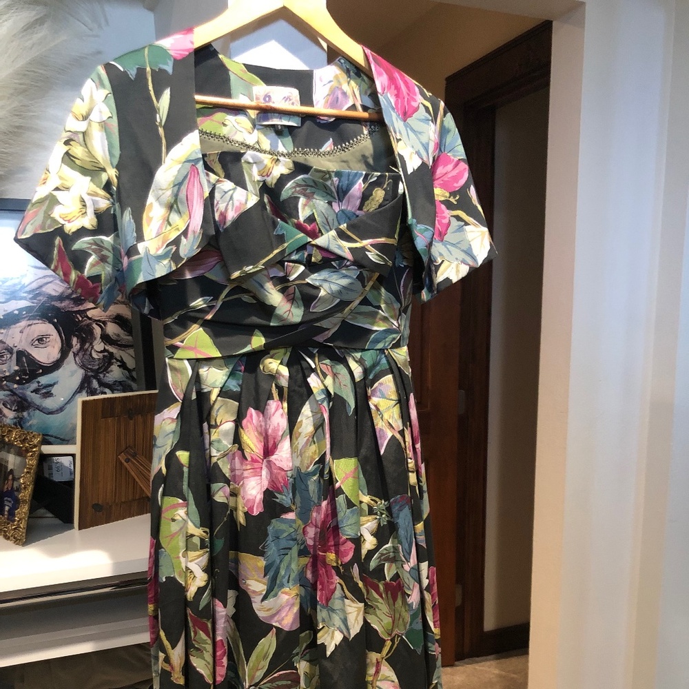 Lena Hoschek strapless tropical dress with bolero jacket